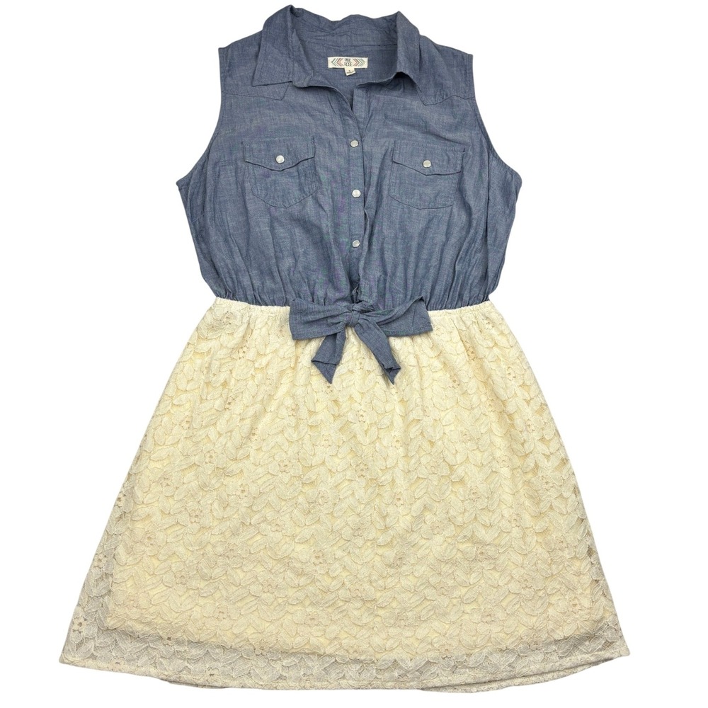 Pink Rose Chambray Lace Dress Womens Large Blue Cream Western Sleeveless Mini